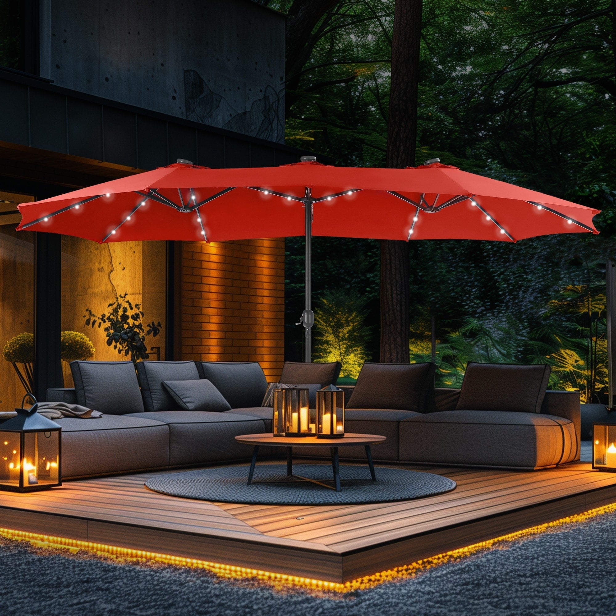 Ombrellone da esterno rettangolare da 15 piedi con manovella, doppio lato, con illuminazione a LED solare e base inclusa