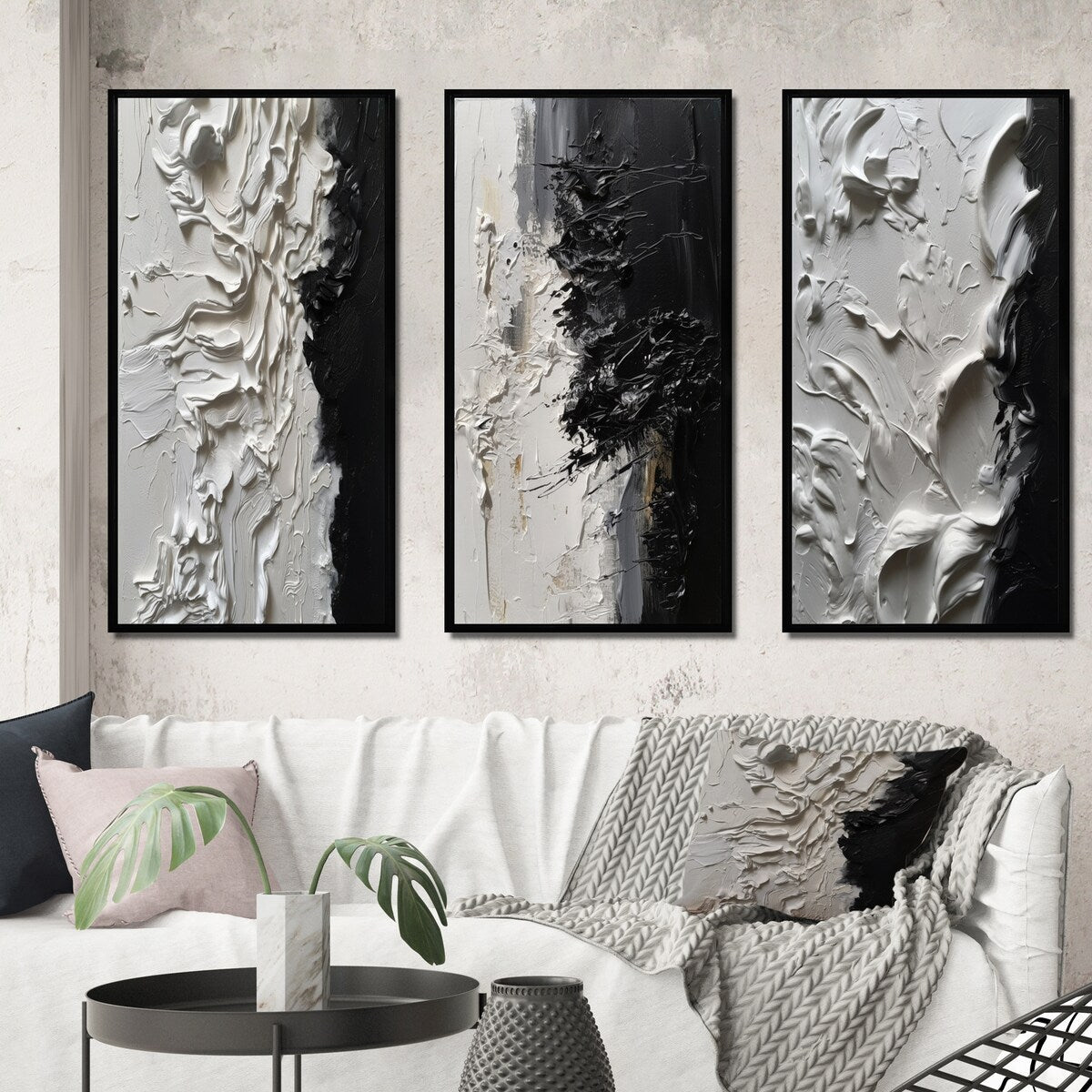 Designart Bianco e Nero Tranquillità Unleashed III Set di 3 quadri con cornice in marmo astratto per l'arredamento dell'ufficio