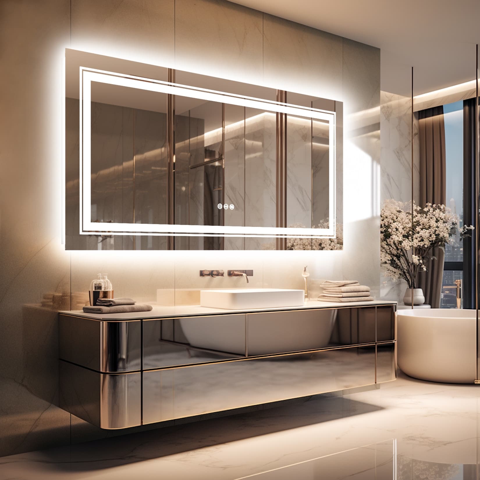 Specchio da bagno extra large con illuminazione a LED, antiappannamento, 3 colori