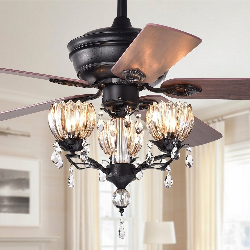 Ventilatore da soffitto Garlow nero opaco a 5 pale con lampadario a forma di coppe di fiori in cristallo (telecomando incluso) - Diametro 52 pollici