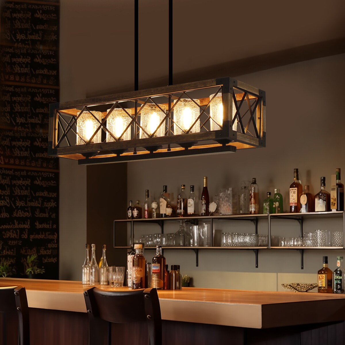 Lampadario moderno in stile rustico a 5 luci in legno rettangolare con semi in vetro per isola cucina, sala da pranzo - 31,5 L x 8,75 P x 8 A