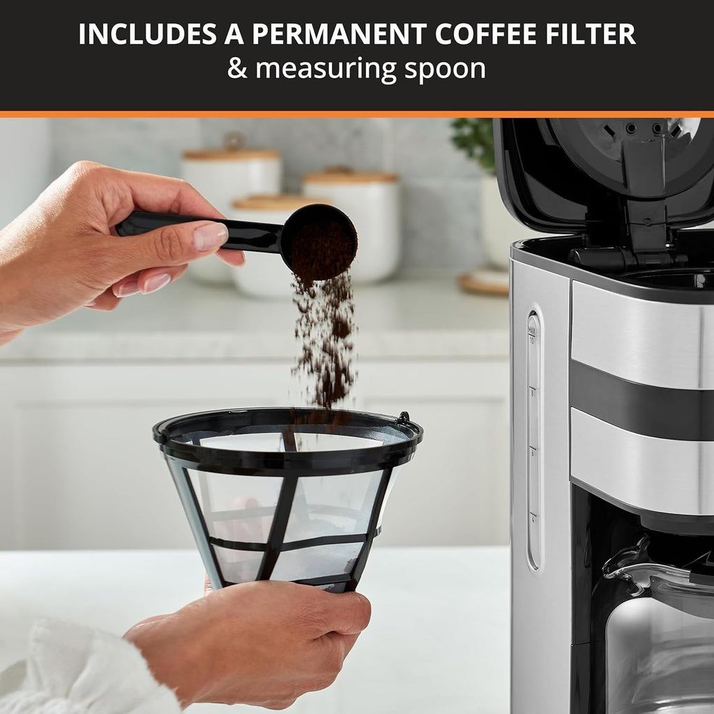 Macchina per caffè digitale da 10 tazze, acciaio inossidabile nero, preparazione programmabile, pausa e servizio automatici