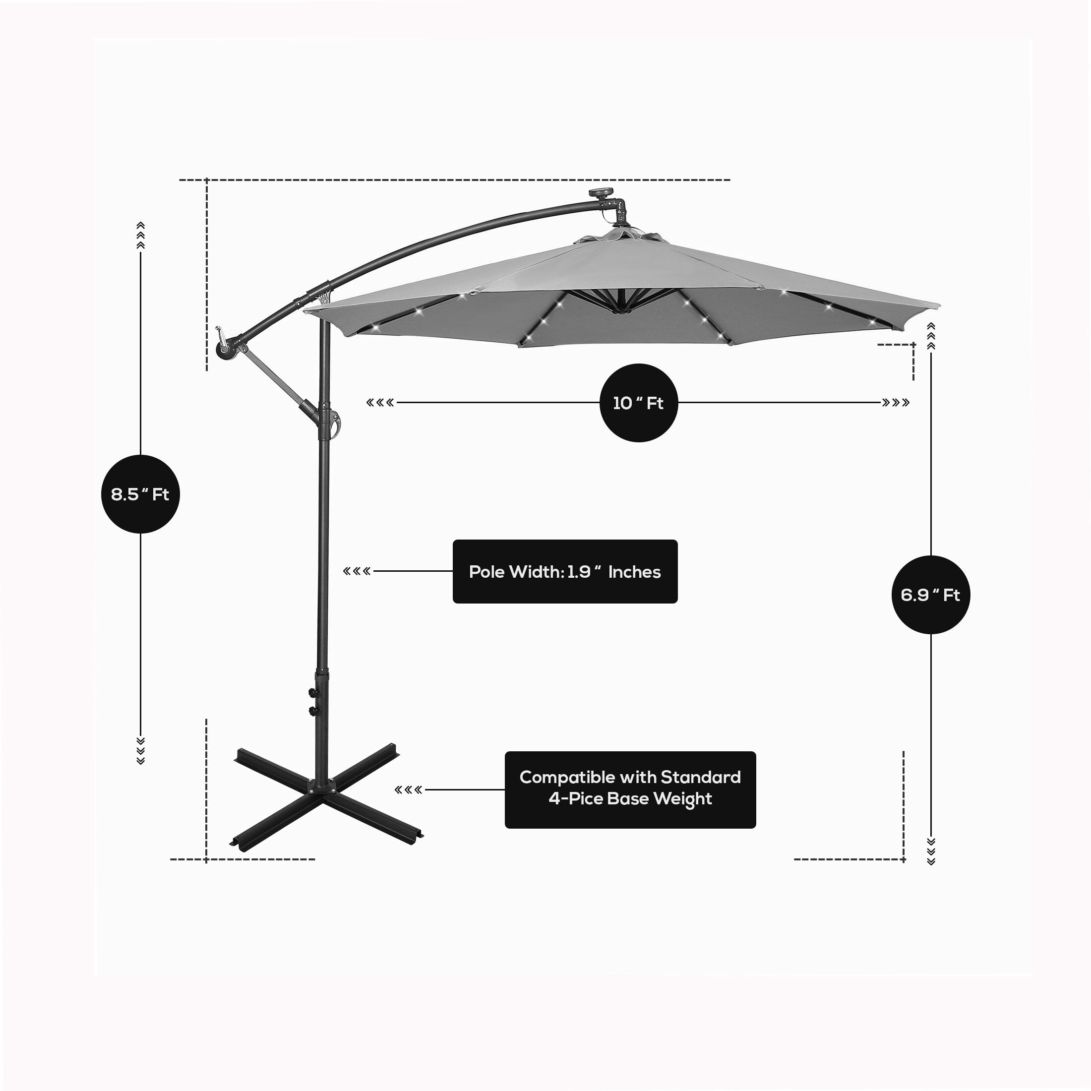 Ombrellone da giardino illuminato a energia solare da 10 piedi con base