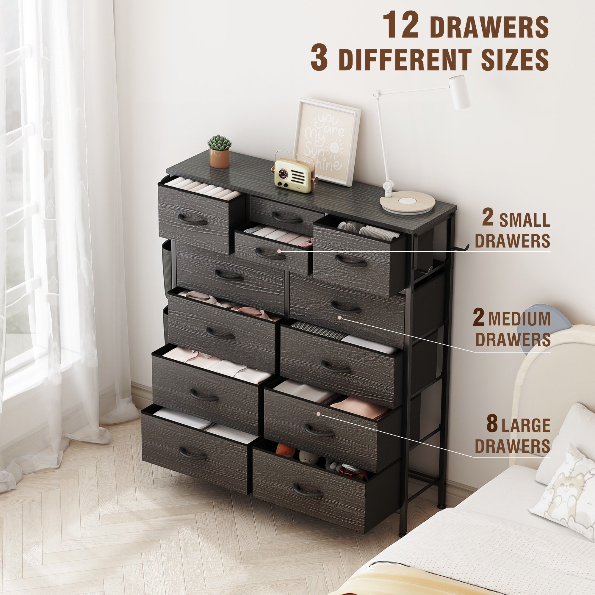 Cassettiera alta in tessuto con 12 cassetti per camera da letto