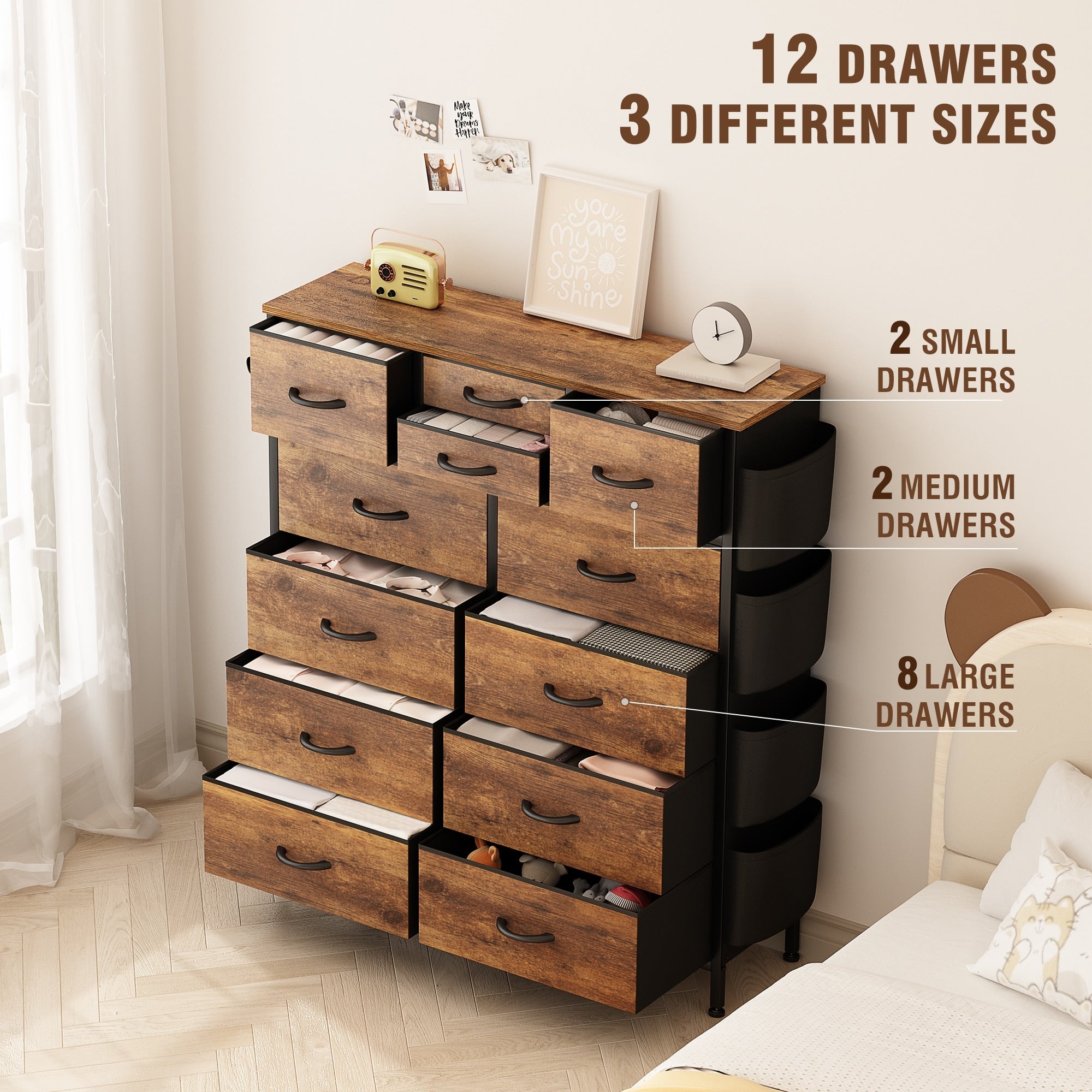 Cassettiera alta in tessuto con 12 cassetti per camera da letto