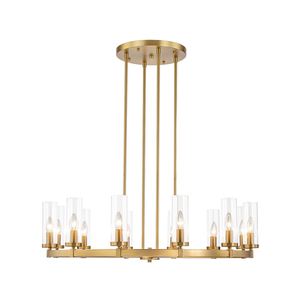 Lampadario a ruota di carro in vetro trasparente con cilindro in stile Mid-Century Modern, 12 luci, grande lampadario in oro/nero