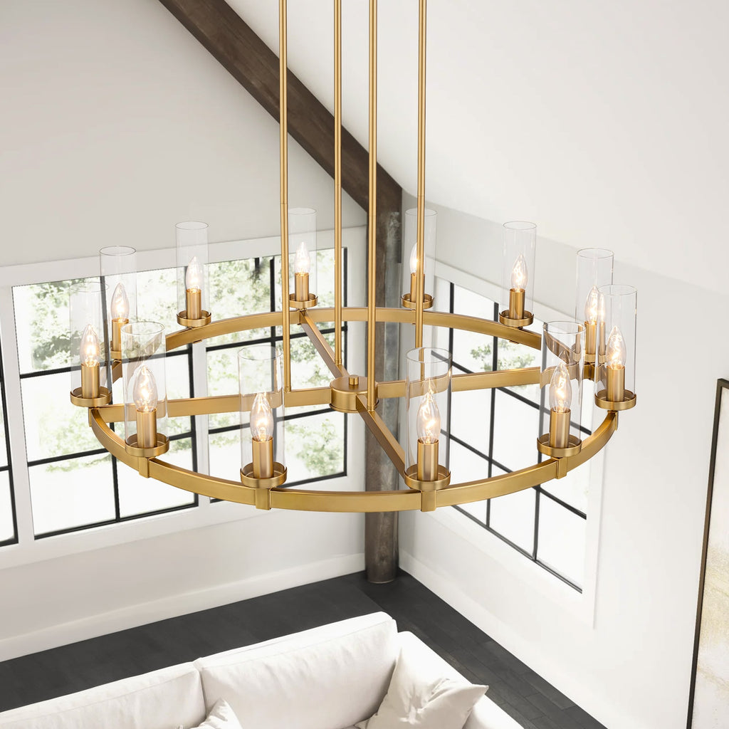 Lampadario a ruota di carro in vetro trasparente con cilindro in stile Mid-Century Modern, 12 luci, grande lampadario in oro/nero