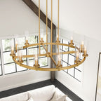 Lampadario a ruota di carro in vetro trasparente con cilindro in stile Mid-Century Modern, 12 luci, grande lampadario in oro/nero