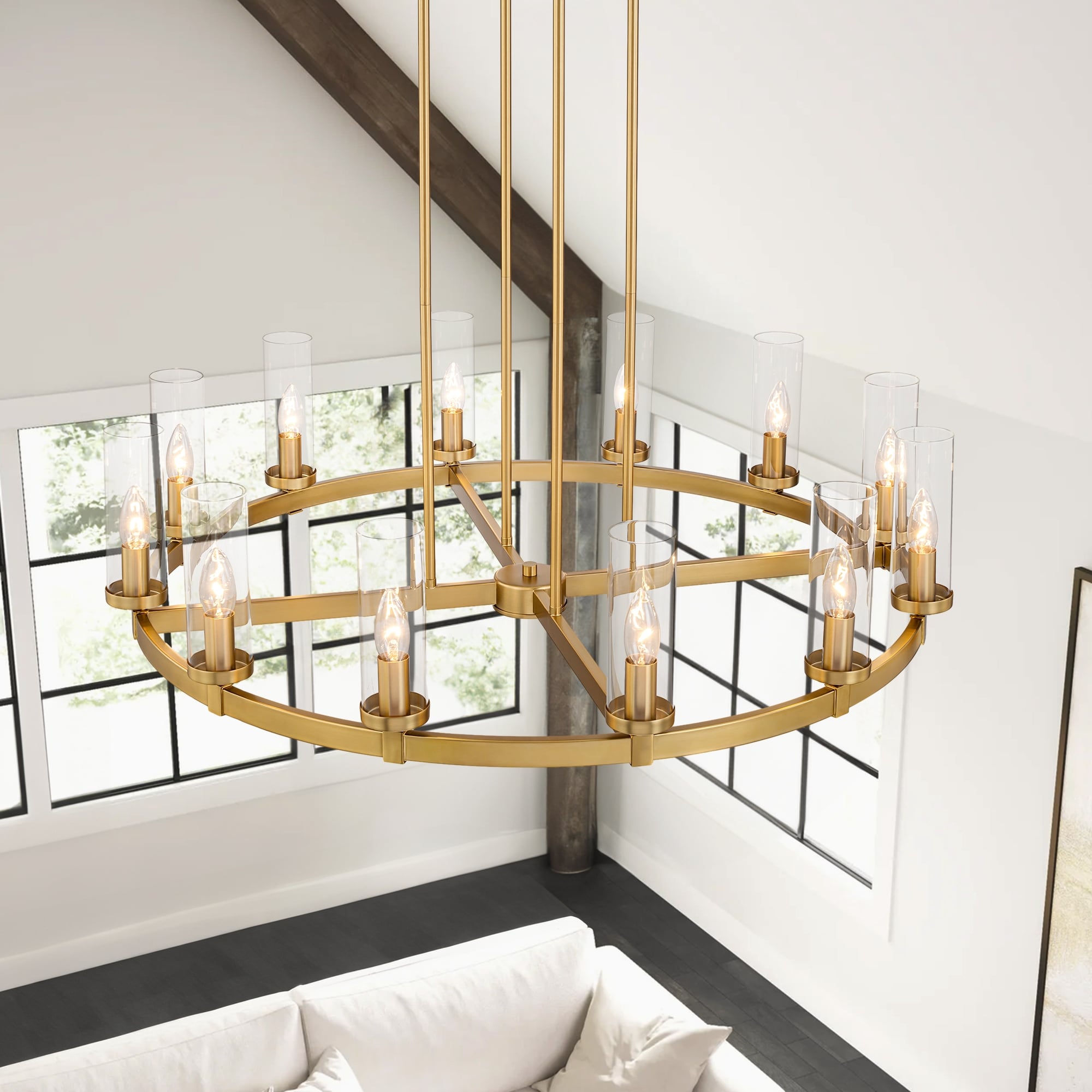 Lampadario a ruota di carro in vetro trasparente con cilindro in stile Mid-Century Modern, 12 luci, grande lampadario in oro/nero