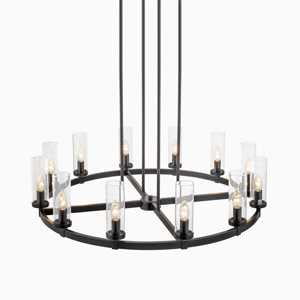 Lampadario a ruota di carro in vetro trasparente con cilindro in stile Mid-Century Modern, 12 luci, grande lampadario in oro/nero