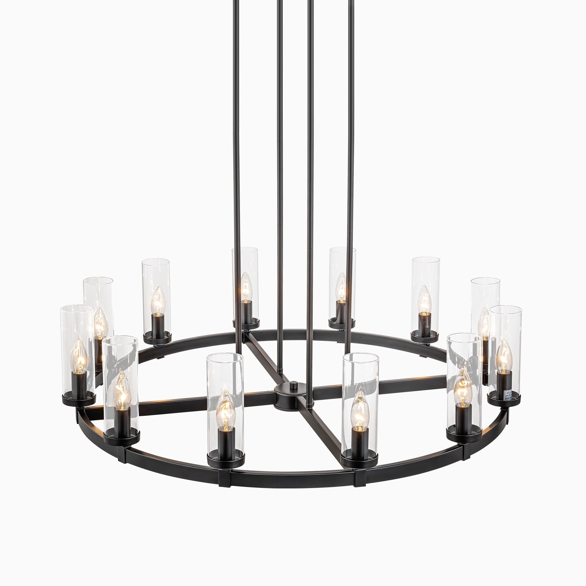 Lampadario a ruota di carro in vetro trasparente con cilindro in stile Mid-Century Modern, 12 luci, grande lampadario in oro/nero