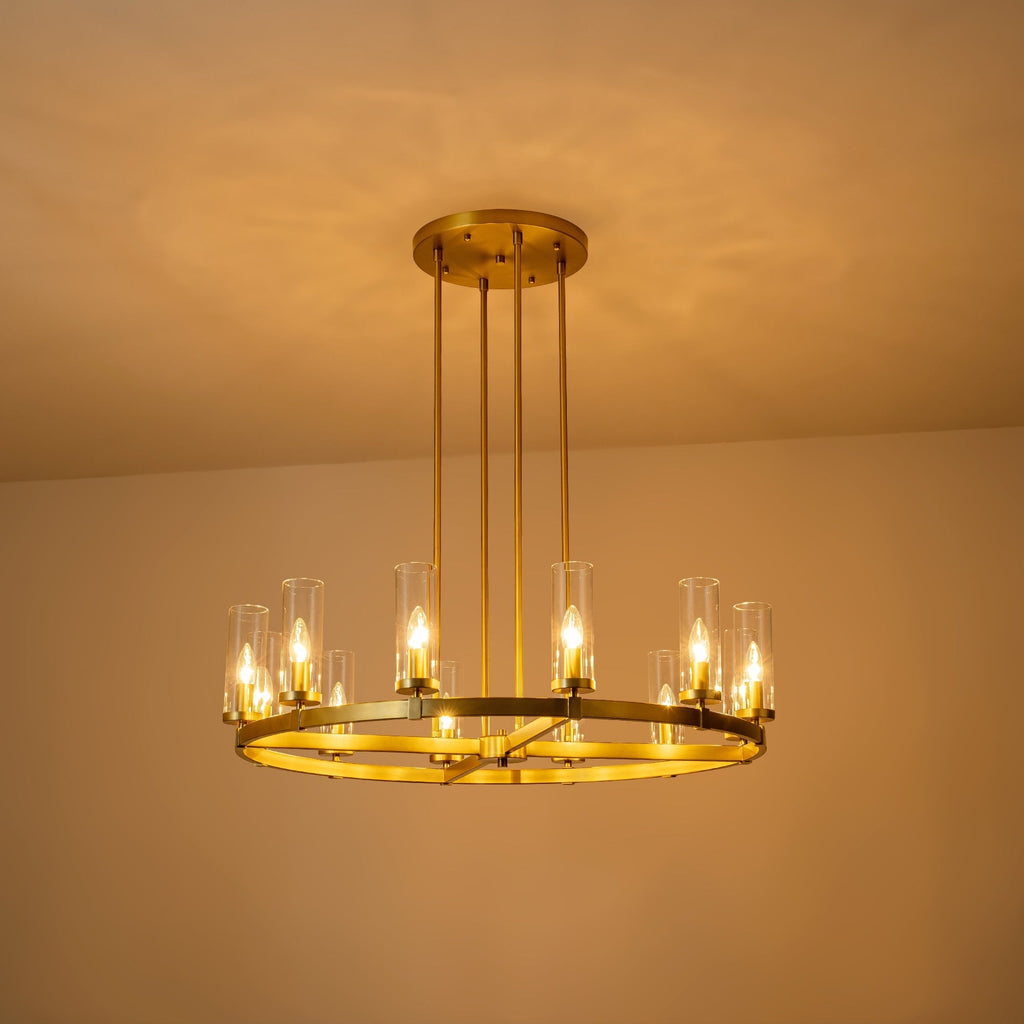 Lampadario a ruota di carro in vetro trasparente con cilindro in stile Mid-Century Modern, 12 luci, grande lampadario in oro/nero