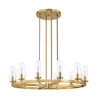 Lampadario a ruota di carro in vetro trasparente con cilindro in stile Mid-Century Modern, 12 luci, grande lampadario in oro/nero