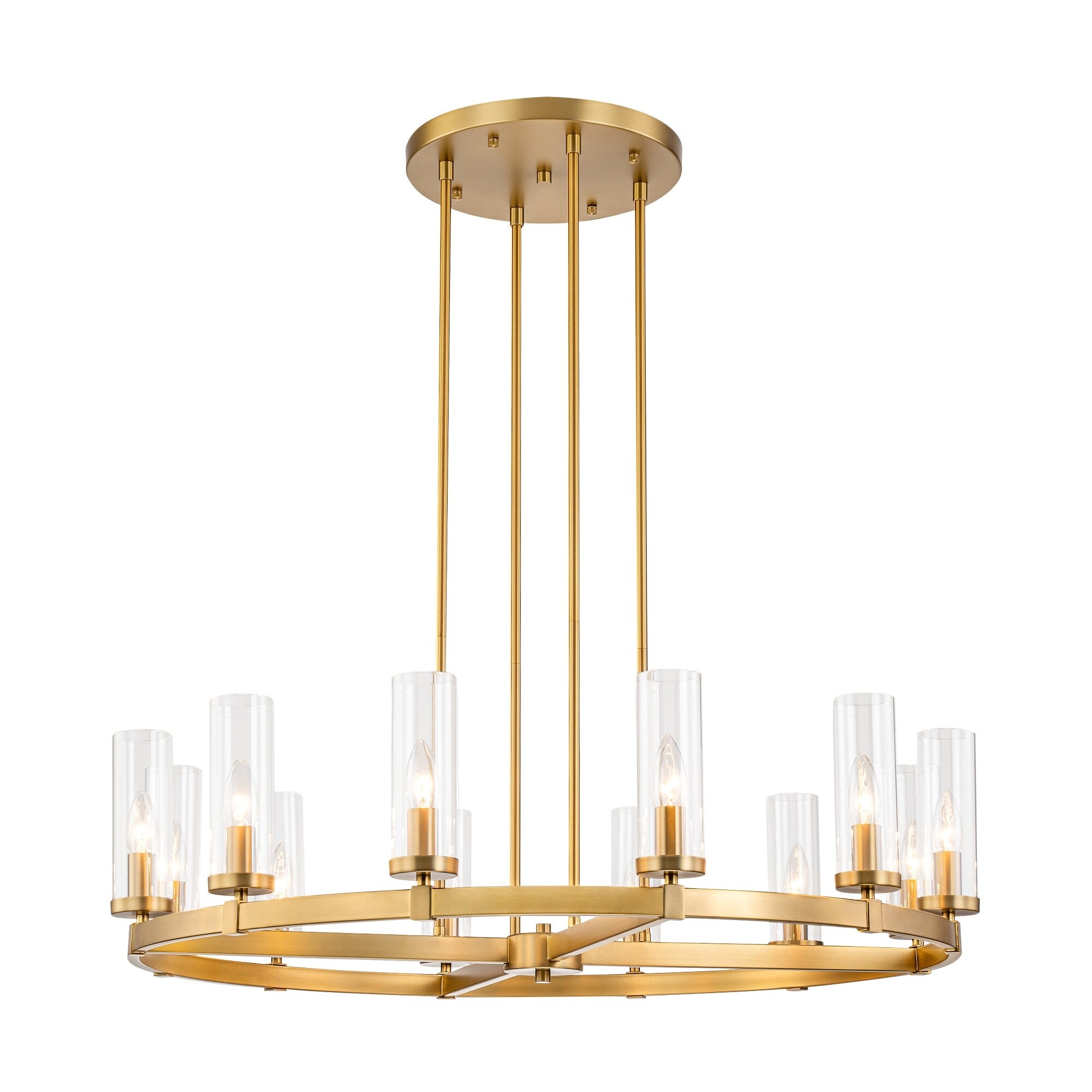 Lampadario a ruota di carro in vetro trasparente con cilindro in stile Mid-Century Modern, 12 luci, grande lampadario in oro/nero