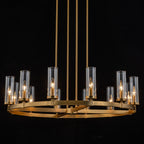 Lampadario a ruota di carro in vetro trasparente con cilindro in stile Mid-Century Modern, 12 luci, grande lampadario in oro/nero