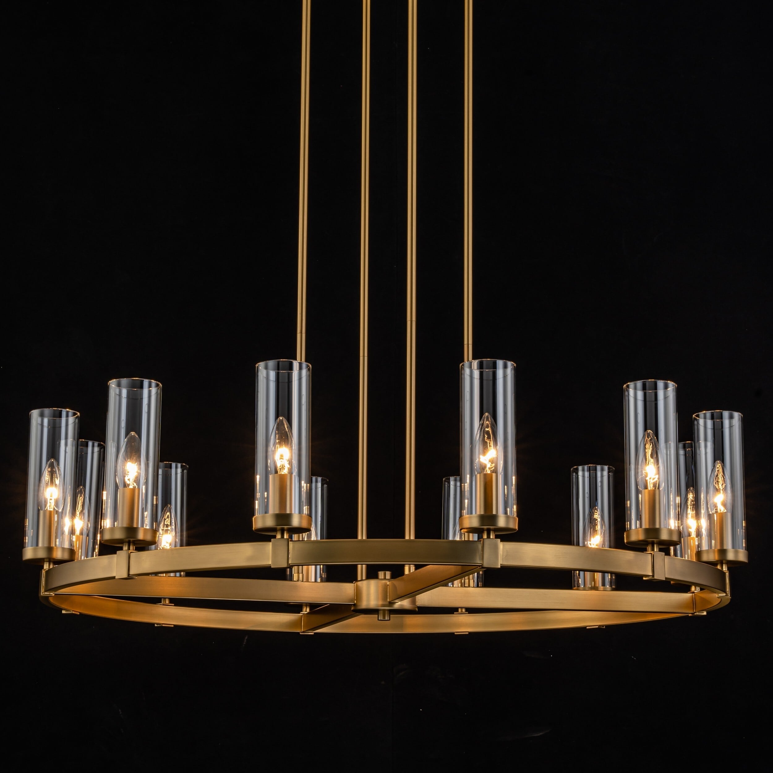 Lampadario a ruota di carro in vetro trasparente con cilindro in stile Mid-Century Modern, 12 luci, grande lampadario in oro/nero