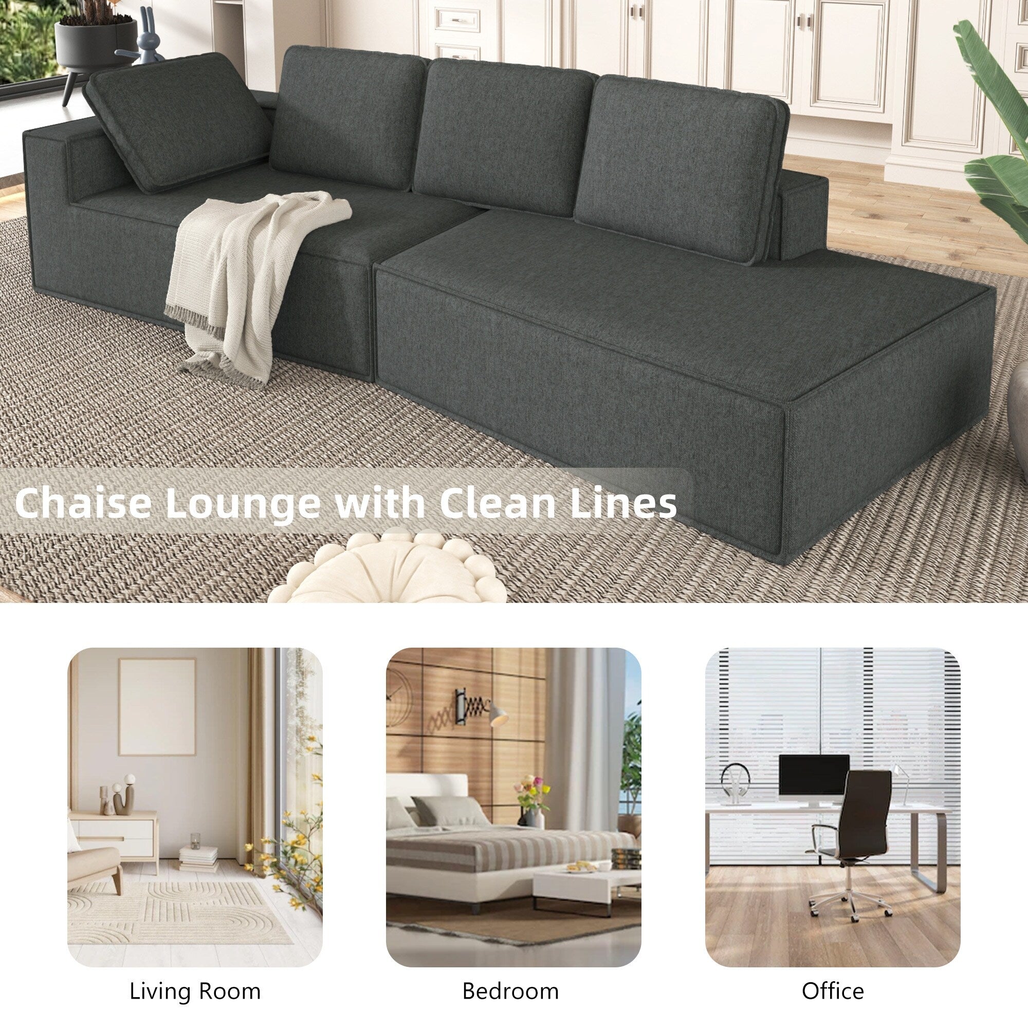 125 Elegante divano letto moderno per interni con chaise longue, dalle linee pulite, per soggiorno, beige