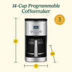 Macchina per caffè programmabile da 14 tazze, caraffa in vetro, controllo dell'intensità dell'infusione, impostazione da 1 a 4 tazze, acciaio inossidabile