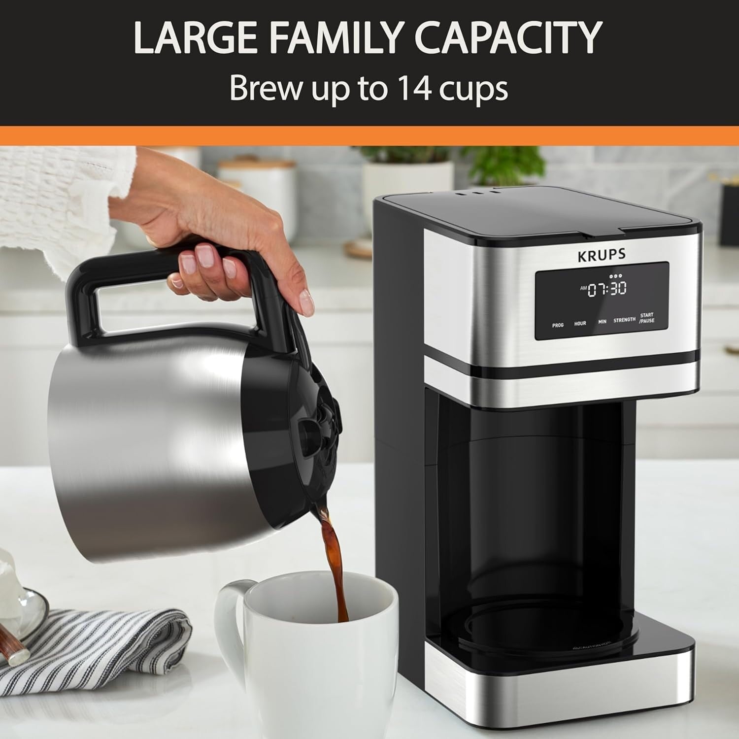 Macchina da caffè programmabile da 14 tazze, caraffa in acciaio inox, 3 intensità di infusione, timer 24 ore, mantenimento in caldo 4 ore