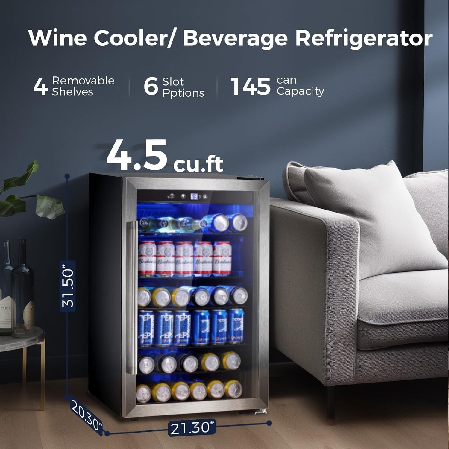 Frigorifero per bevande da 145 lattine, mini frigorifero da 4,4 piedi cubi con porta in vetro per bibite, birra, vino - Parte anteriore trasparente per casa, ufficio o bar