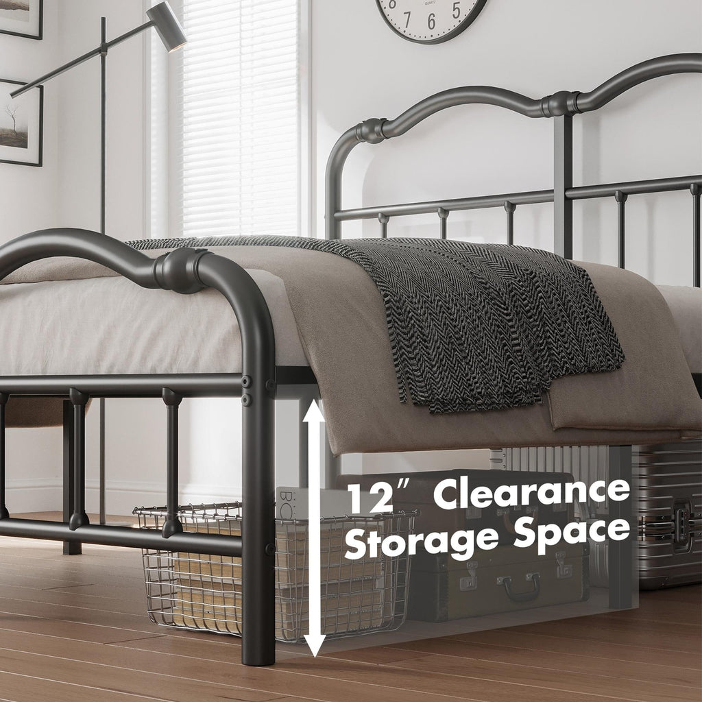 Telaio per letto in metallo resistente da 14 pollici con stile vintage, supporta fino a 2500 libbre, facile da montare e senza cigolii