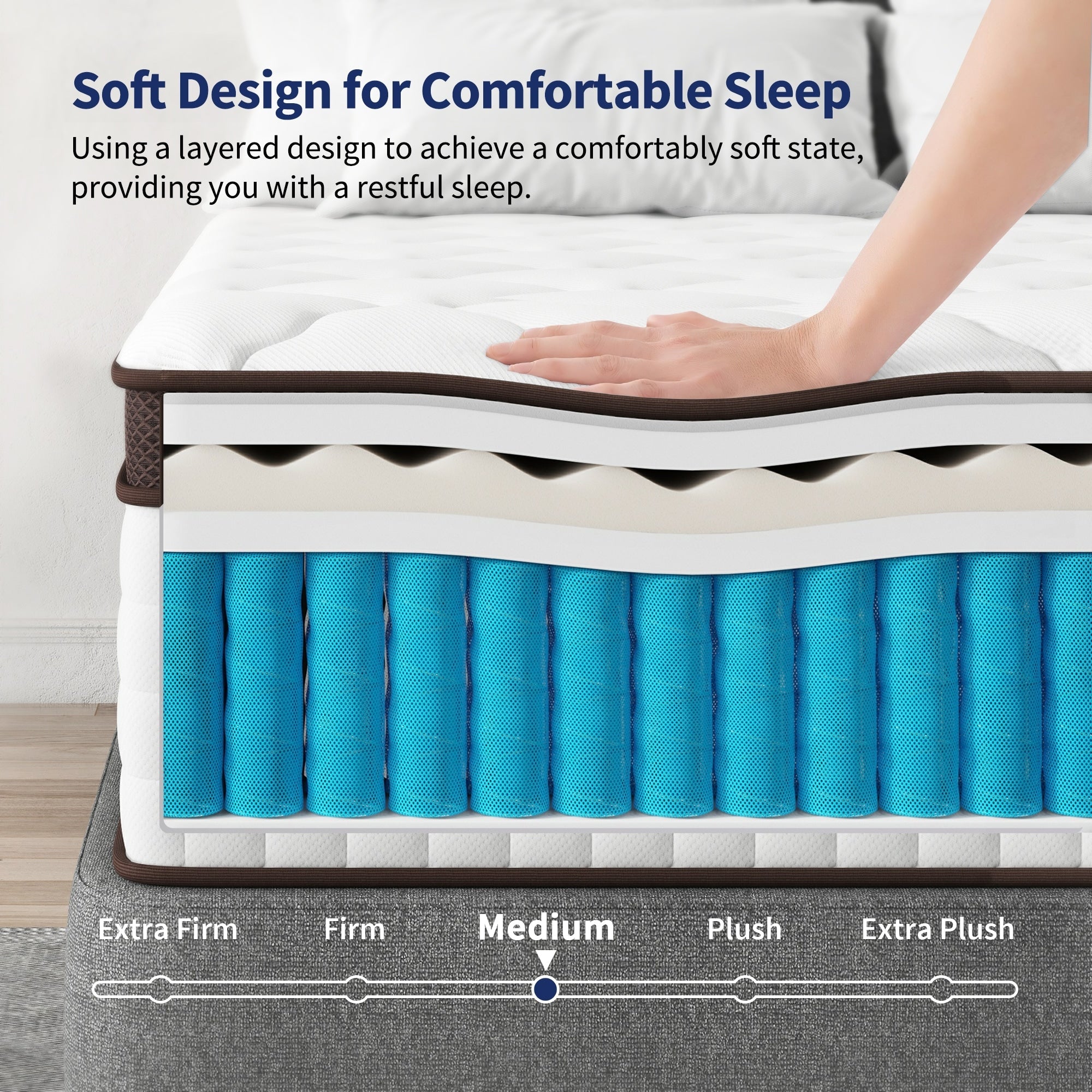 Materasso ibrido 14 - Memory foam in gel di carbone di bambù e supporto a molle insacchettate a 7 zone, rigidità media, prova di 100 notti