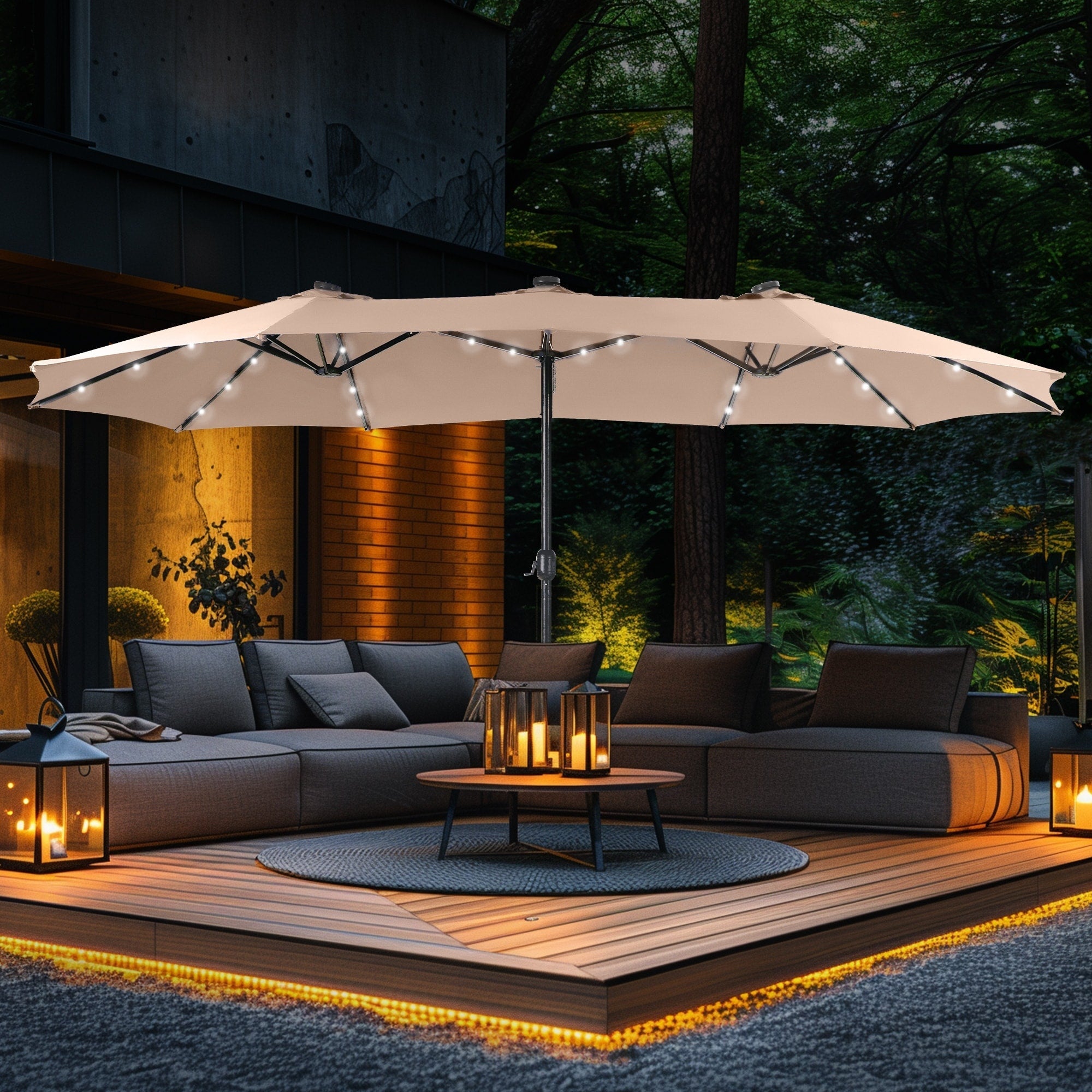 Ombrellone da esterno rettangolare da 15 piedi con manovella, doppio lato, con illuminazione a LED solare e base inclusa
