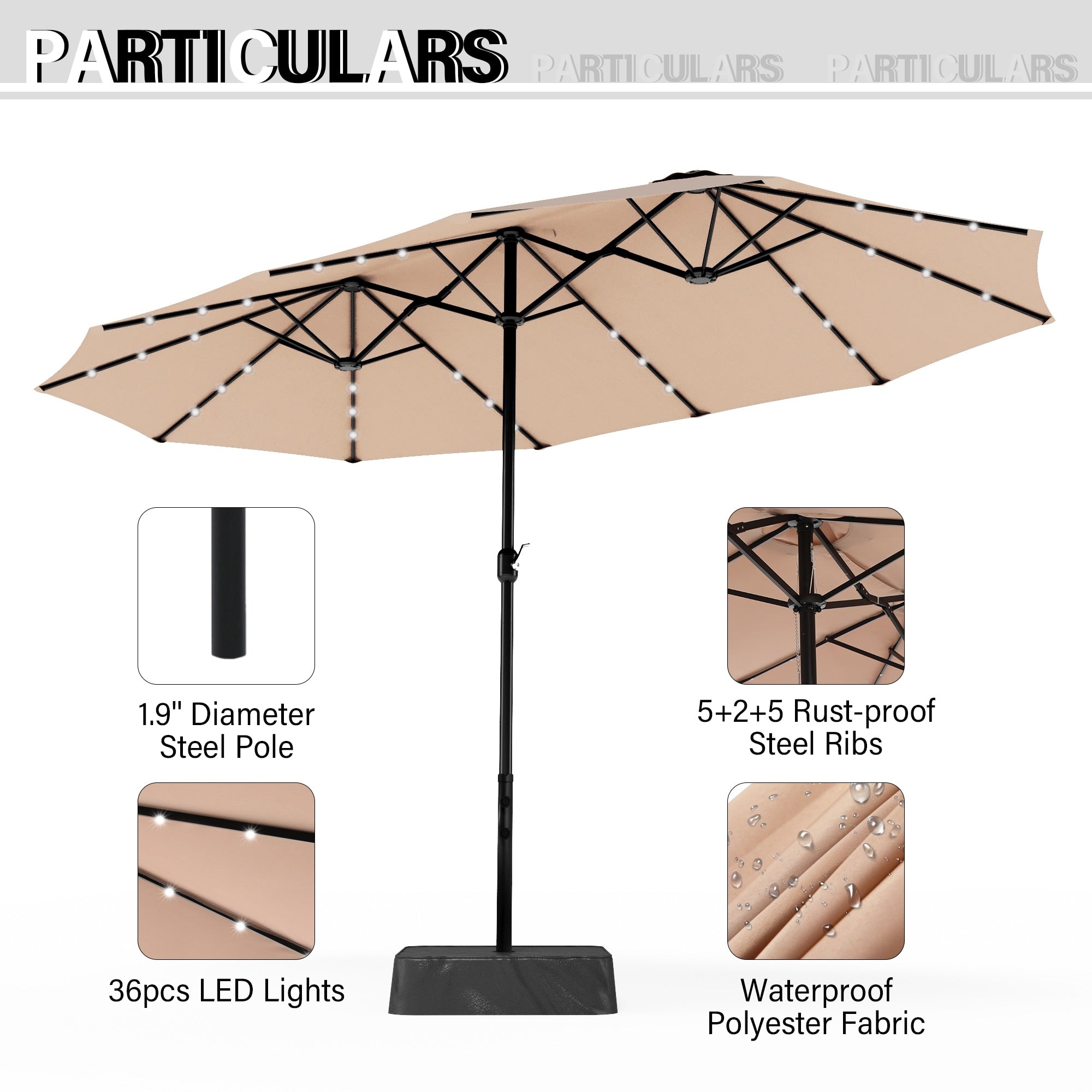 Ombrellone da esterno rettangolare da 15 piedi con manovella, doppio lato, con illuminazione a LED solare e base inclusa