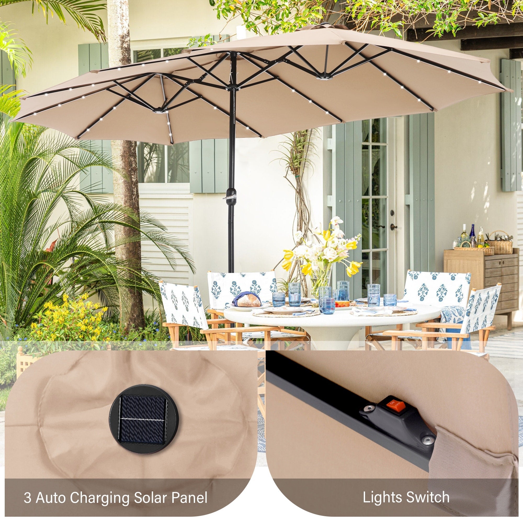 Ombrellone da esterno rettangolare da 15 piedi con manovella, doppio lato, con illuminazione a LED solare e base inclusa