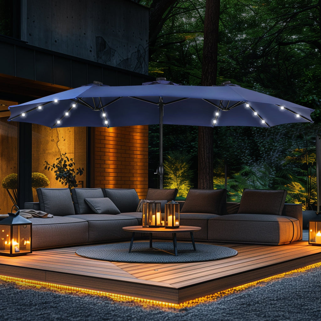Ombrellone da esterno rettangolare da 15 piedi con manovella, doppio lato, con illuminazione a LED solare e base inclusa