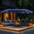 Ombrellone da esterno rettangolare da 15 piedi con manovella, doppio lato, con illuminazione a LED solare e base inclusa