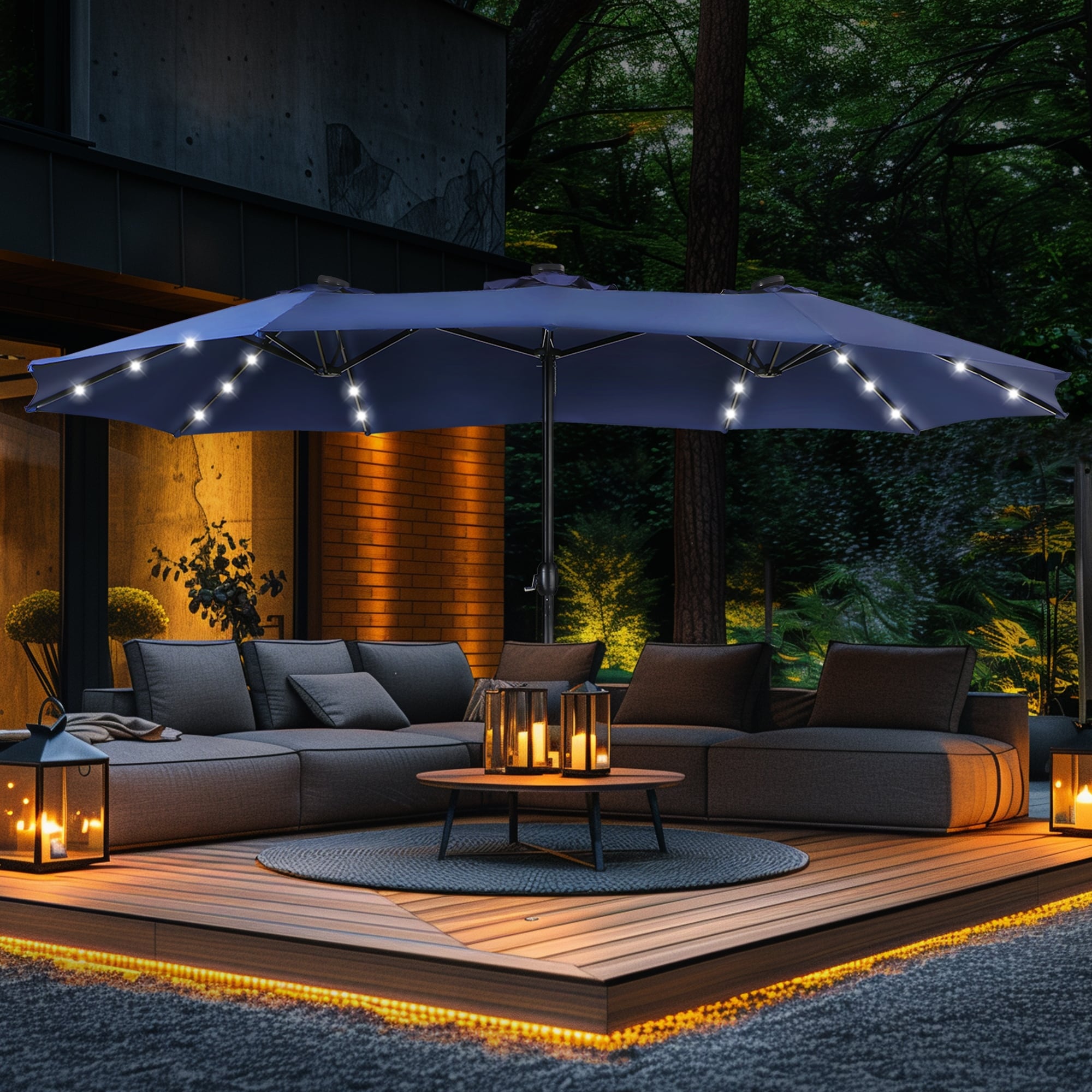 Ombrellone da esterno rettangolare da 15 piedi con manovella, doppio lato, con illuminazione a LED solare e base inclusa