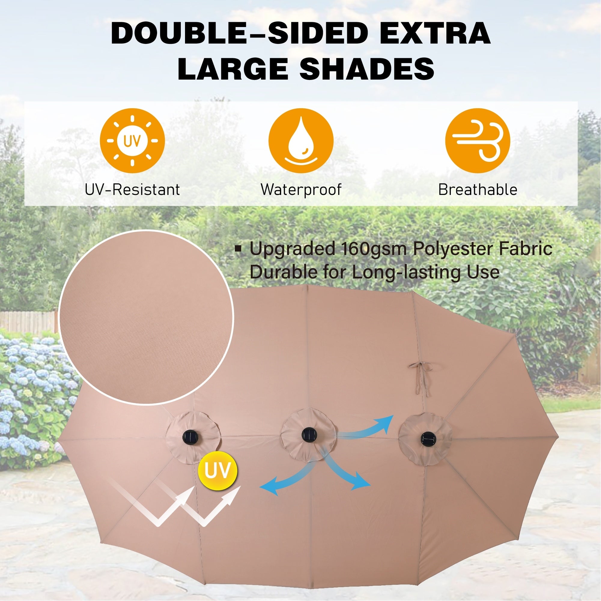 Ombrellone da esterno rettangolare da 15 piedi con manovella, doppio lato, con illuminazione a LED solare e base inclusa