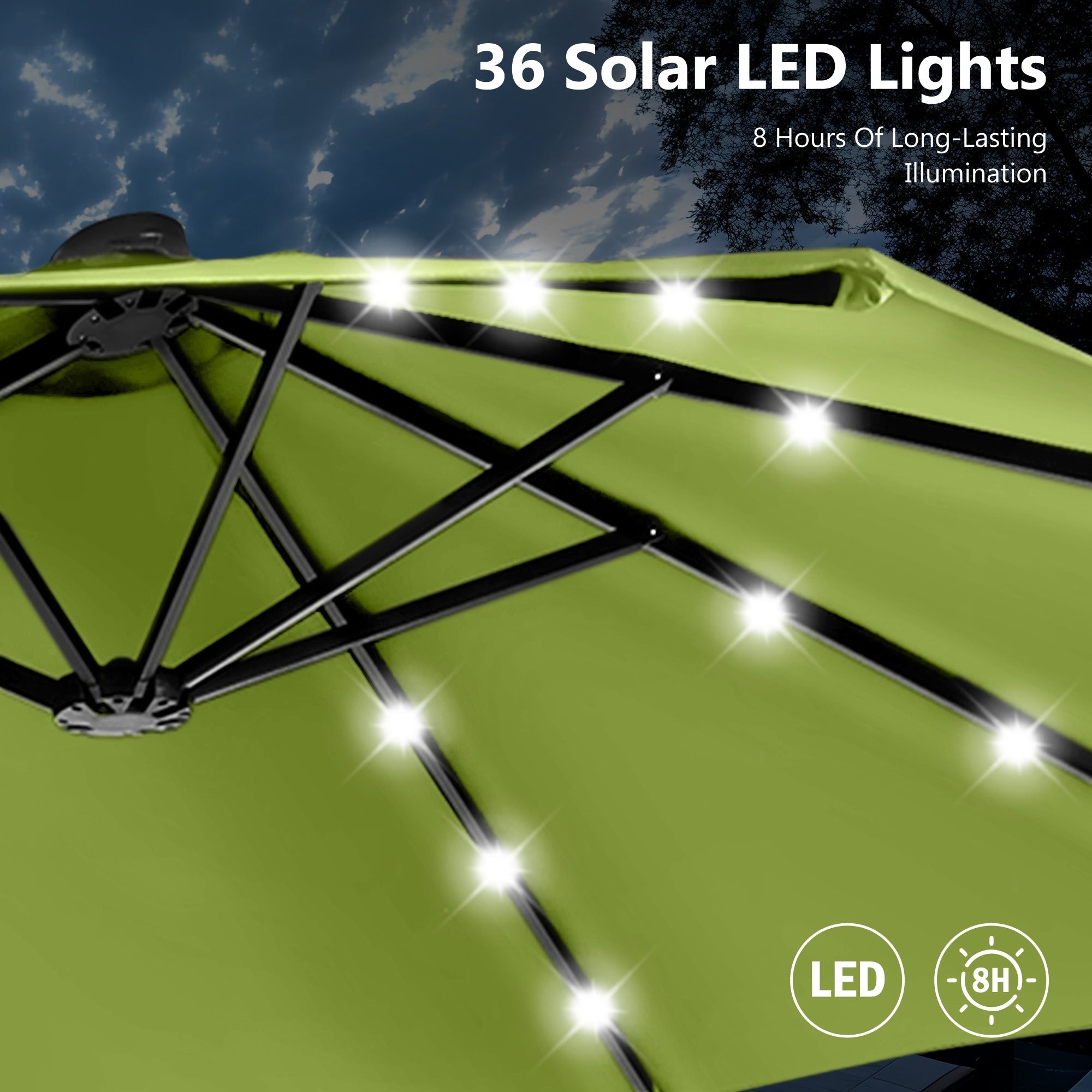 MAISON ARTS Ombrellone da esterno rettangolare da 15 piedi con manovella, doppio lato, con illuminazione a LED solare e base inclusa