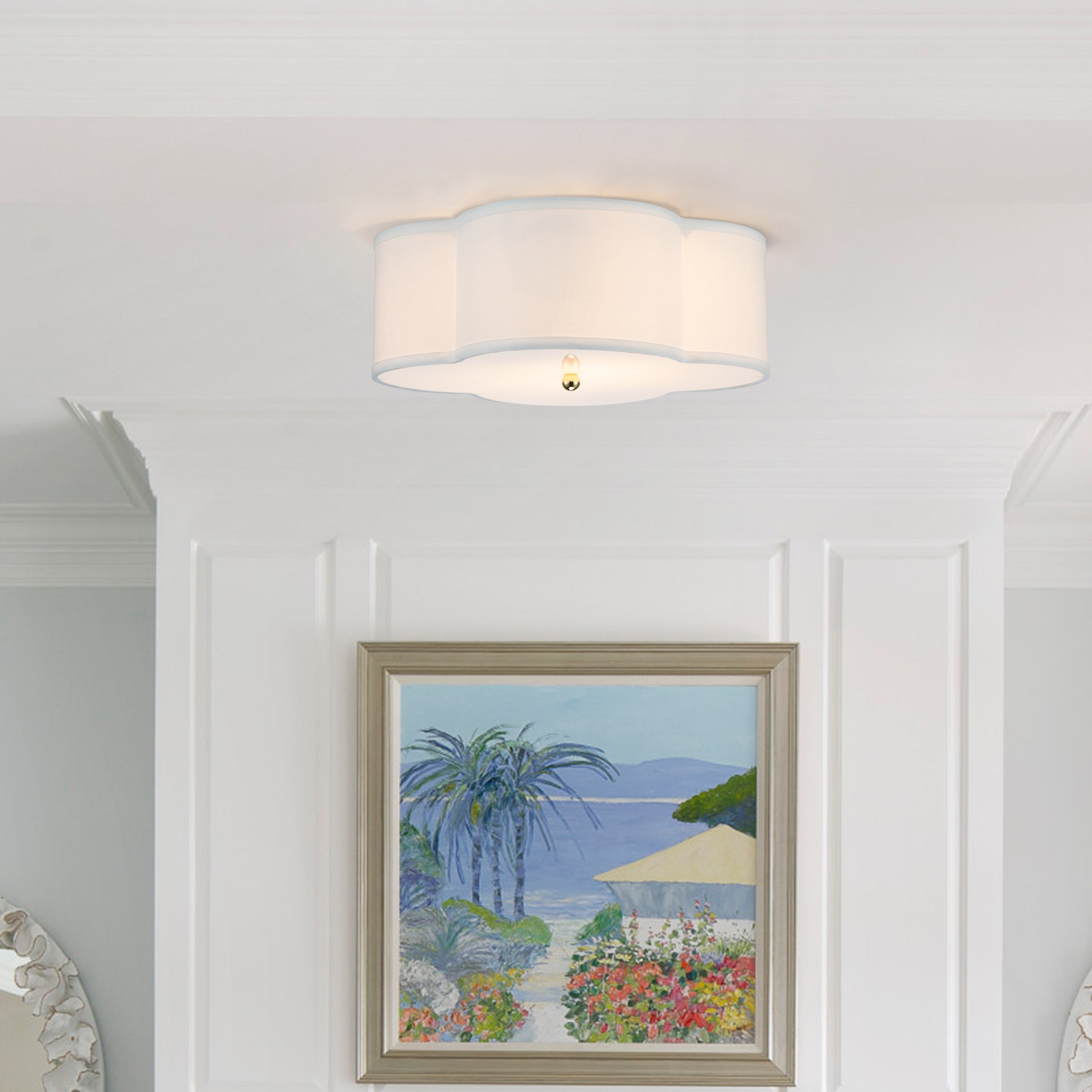Lampada da soffitto a 2 luci in lino bianco con diffusore in acrilico