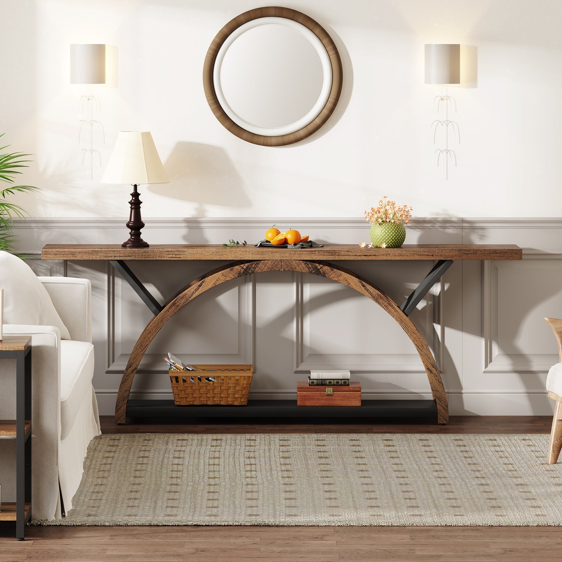 Tavolino da divano a 2 ripiani, stretto e lungo, con struttura semicircolare per ingresso, tavolini decorativi grigi per corridoio