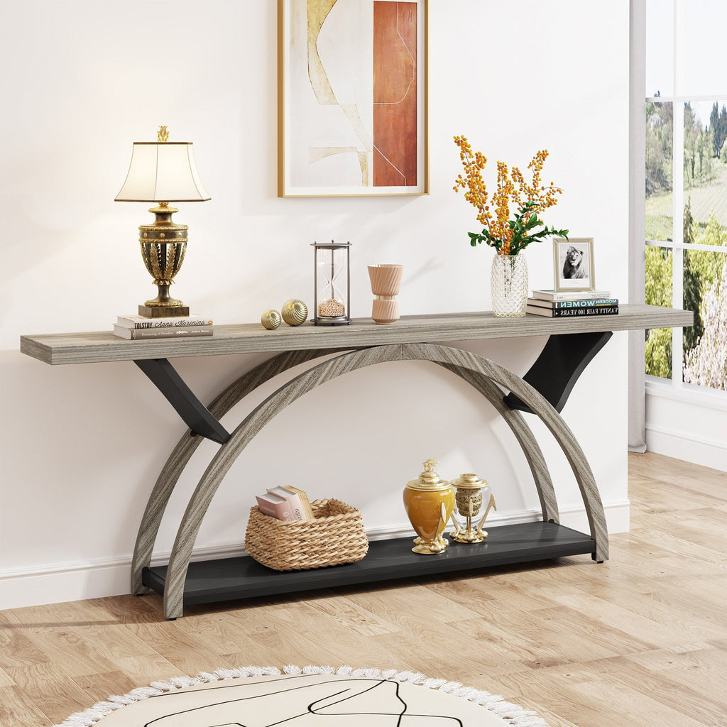 Tavolino da divano a 2 ripiani, stretto e lungo, con struttura semicircolare per ingresso, tavolini decorativi grigi per corridoio