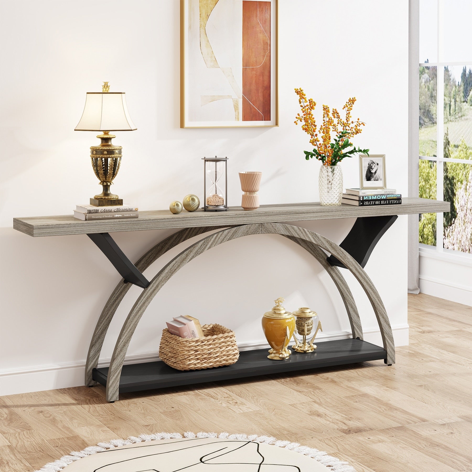 Tavolino da divano a 2 ripiani, stretto e lungo, con struttura semicircolare per ingresso, tavolini decorativi grigi per corridoio