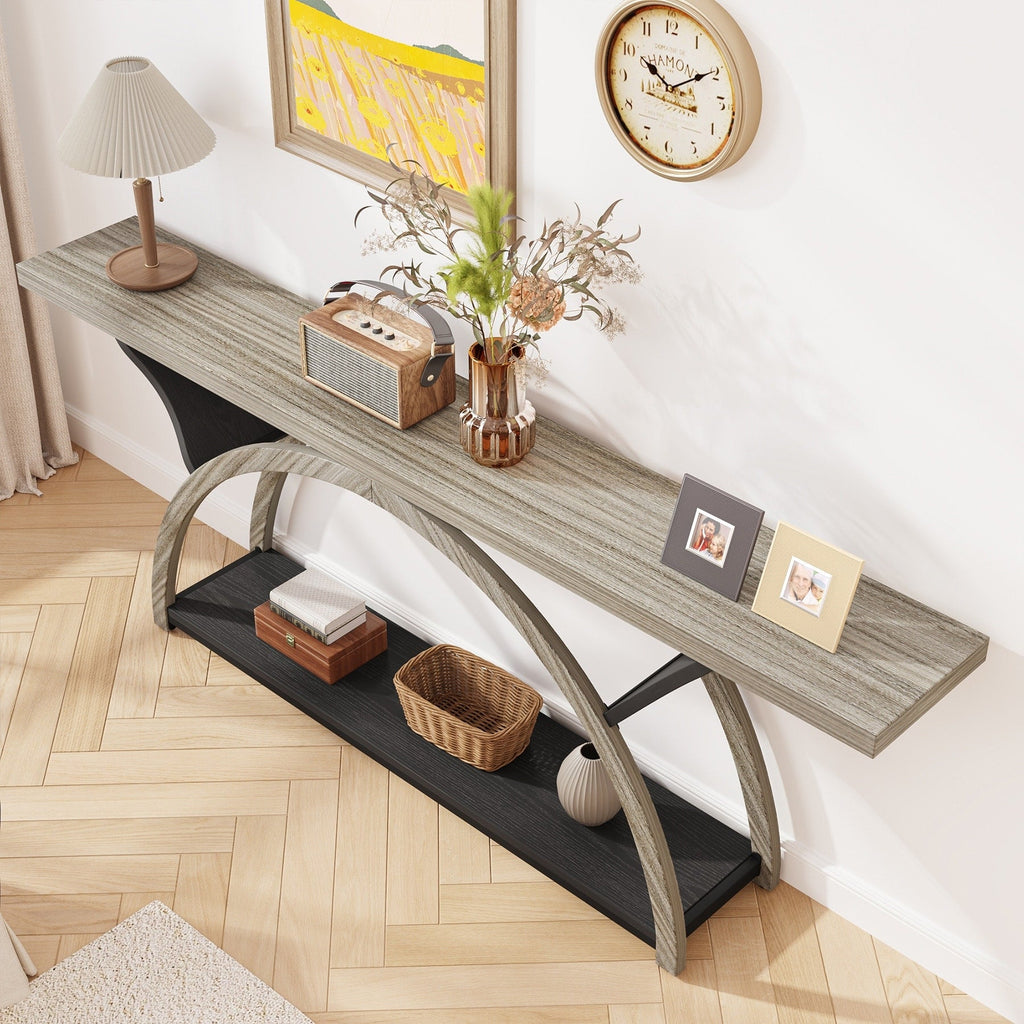 Tavolino da divano a 2 ripiani, stretto e lungo, con struttura semicircolare per ingresso, tavolini decorativi grigi per corridoio