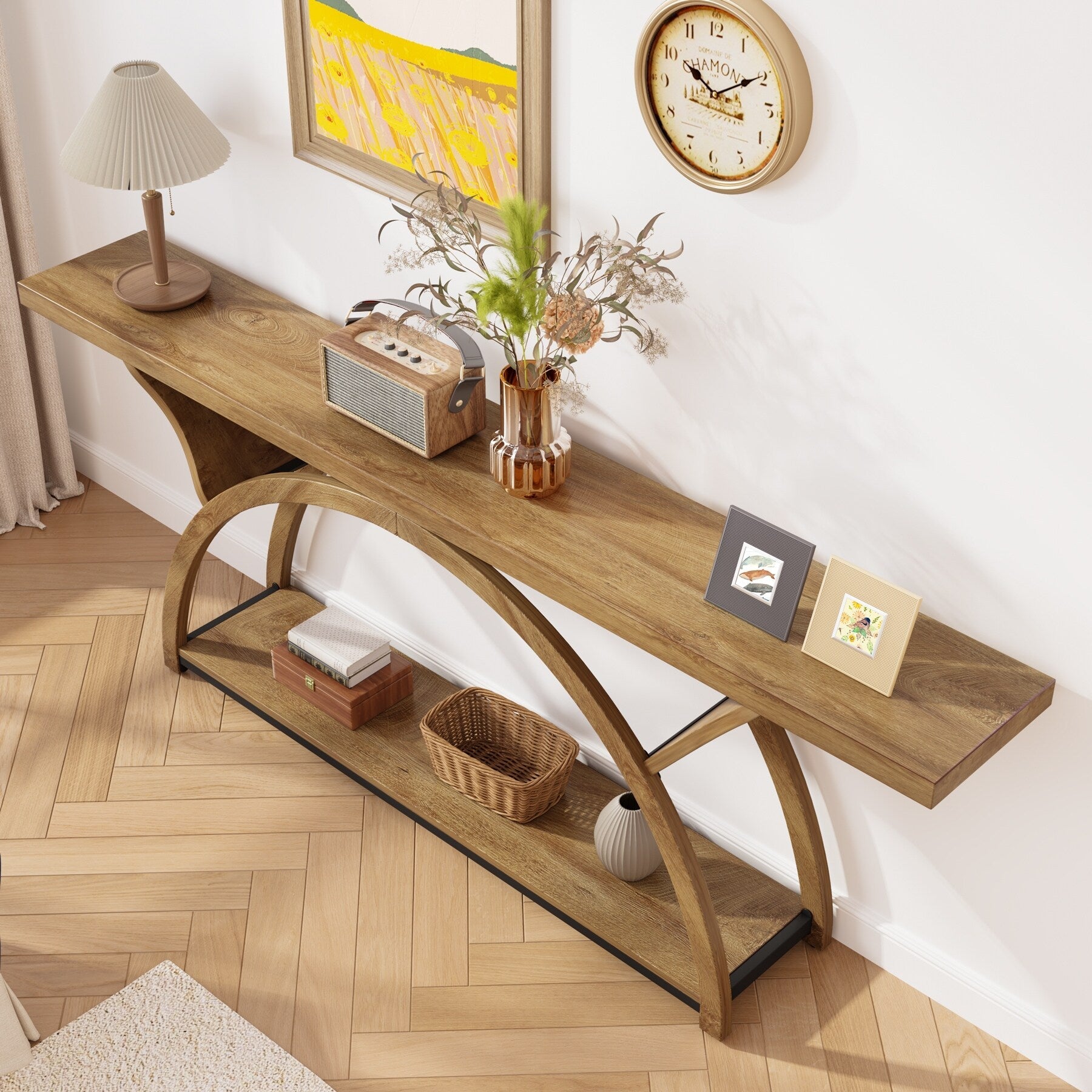 Tavolino da divano a 2 ripiani, stretto e lungo, con struttura semicircolare per ingresso, tavolini decorativi grigi per corridoio