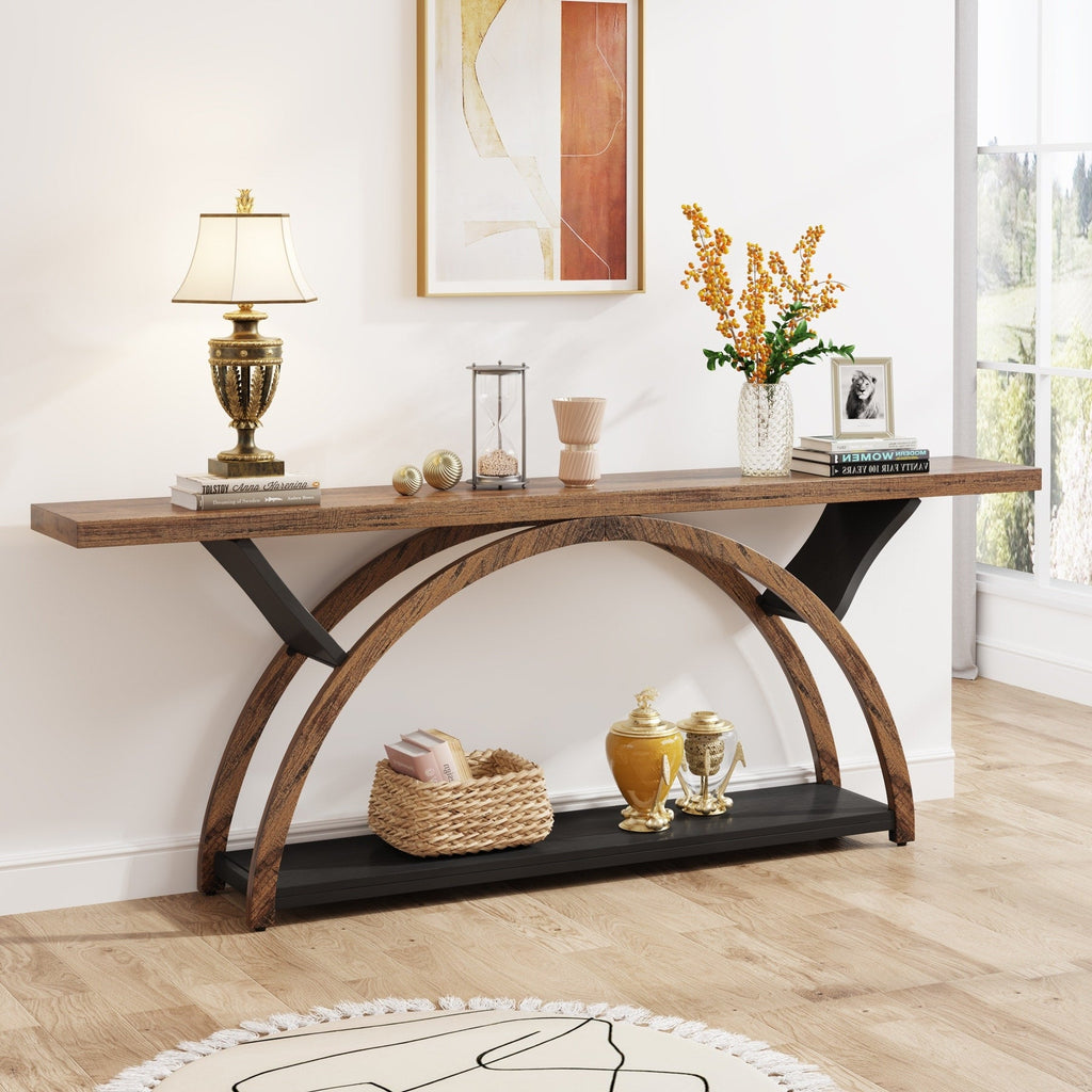 Tavolino da divano a 2 ripiani, stretto e lungo, con struttura semicircolare per ingresso, tavolini decorativi grigi per corridoio