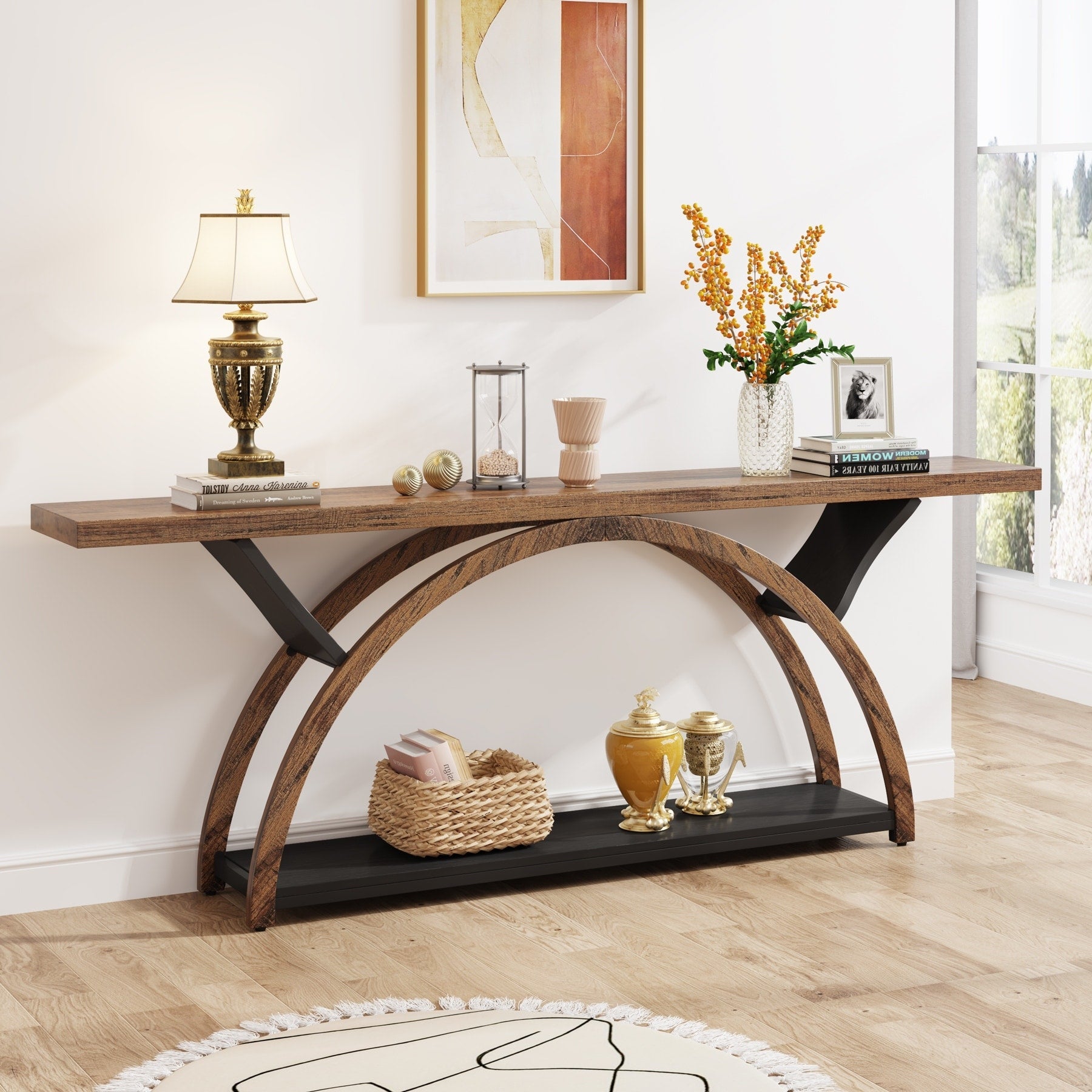 Tavolino da divano a 2 ripiani, stretto e lungo, con struttura semicircolare per ingresso, tavolini decorativi grigi per corridoio