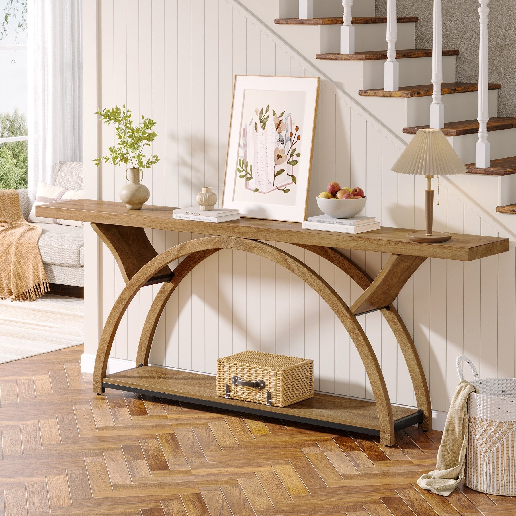 Tavolino da divano a 2 ripiani, stretto e lungo, con struttura semicircolare per ingresso, tavolini decorativi grigi per corridoio