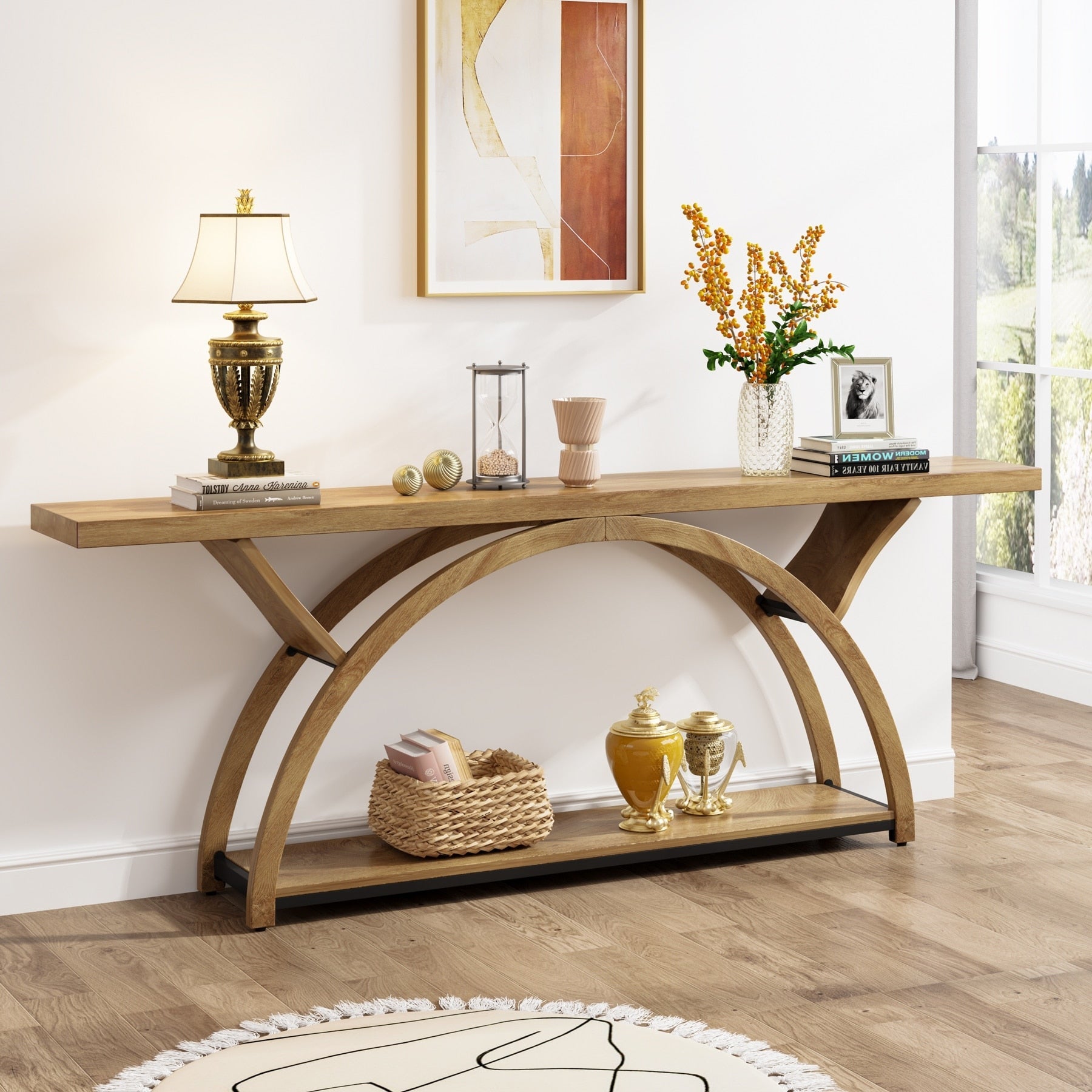 Tavolino da divano a 2 ripiani, stretto e lungo, con struttura semicircolare per ingresso, tavolini decorativi grigi per corridoio