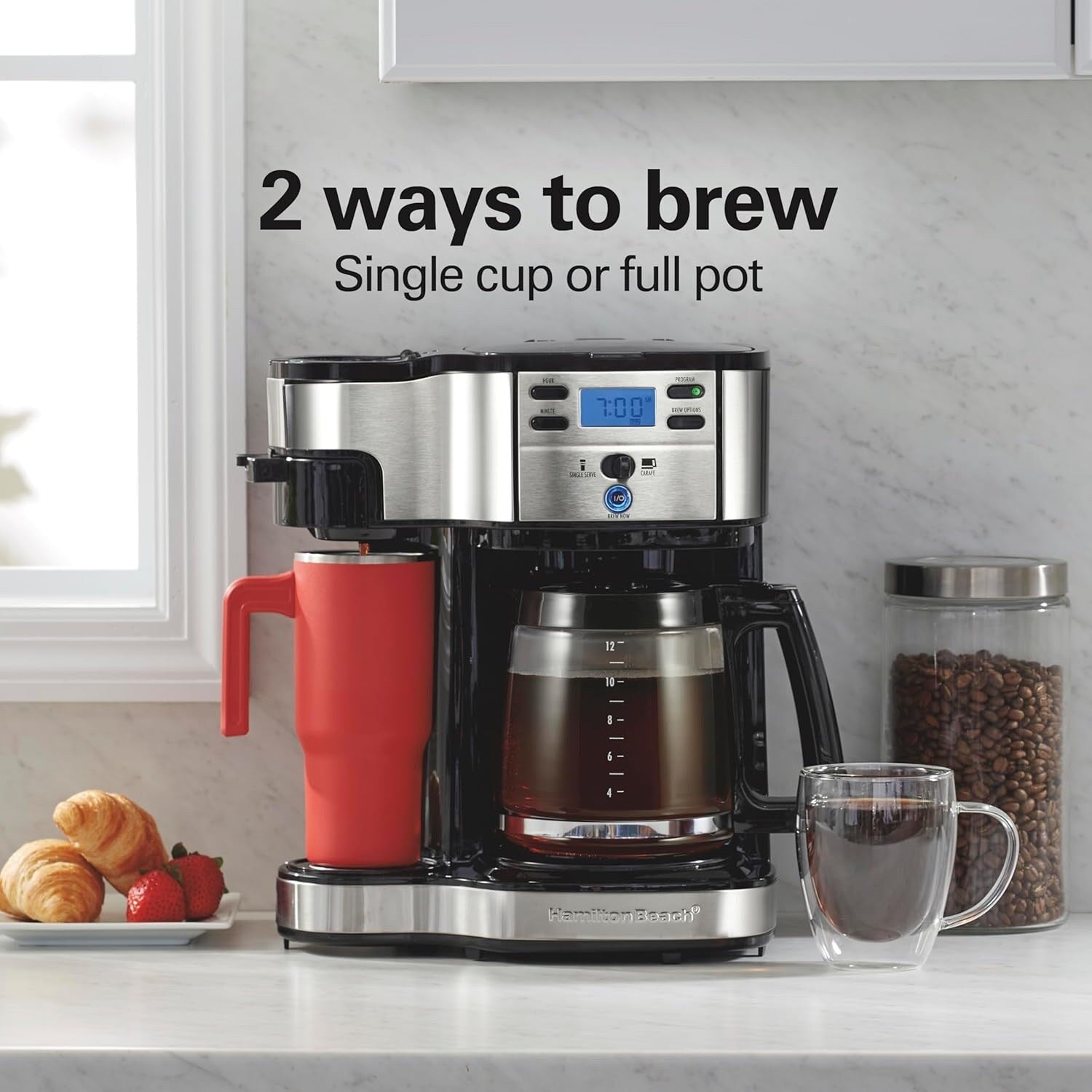 Macchina per caffè a 2 vie da 12 tazze e monodose, caraffa in vetro, pausa e versamento automatici, nera