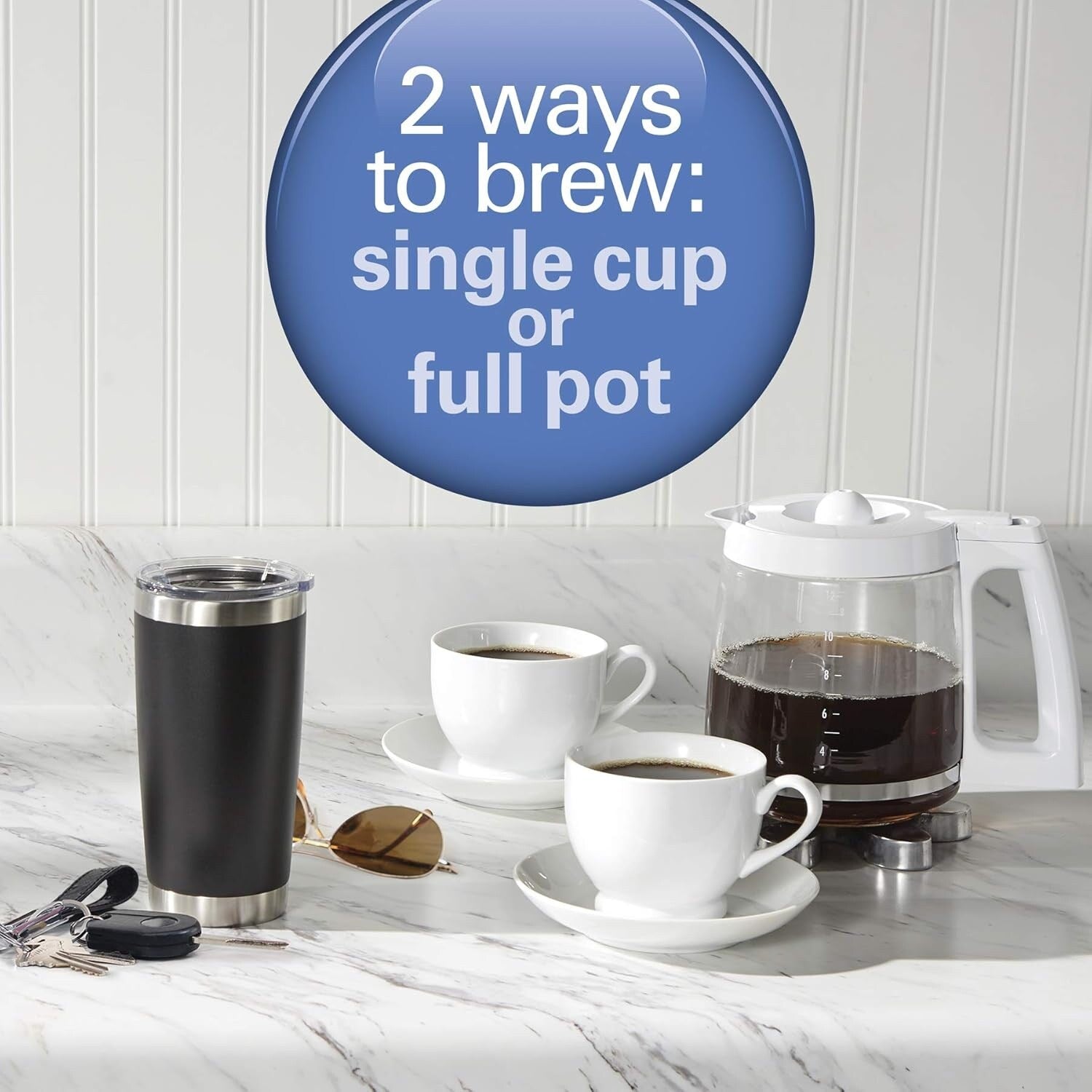 Macchina per caffè a 2 vie da 12 tazze e monodose, caraffa in vetro, pausa e versamento automatici, bianca