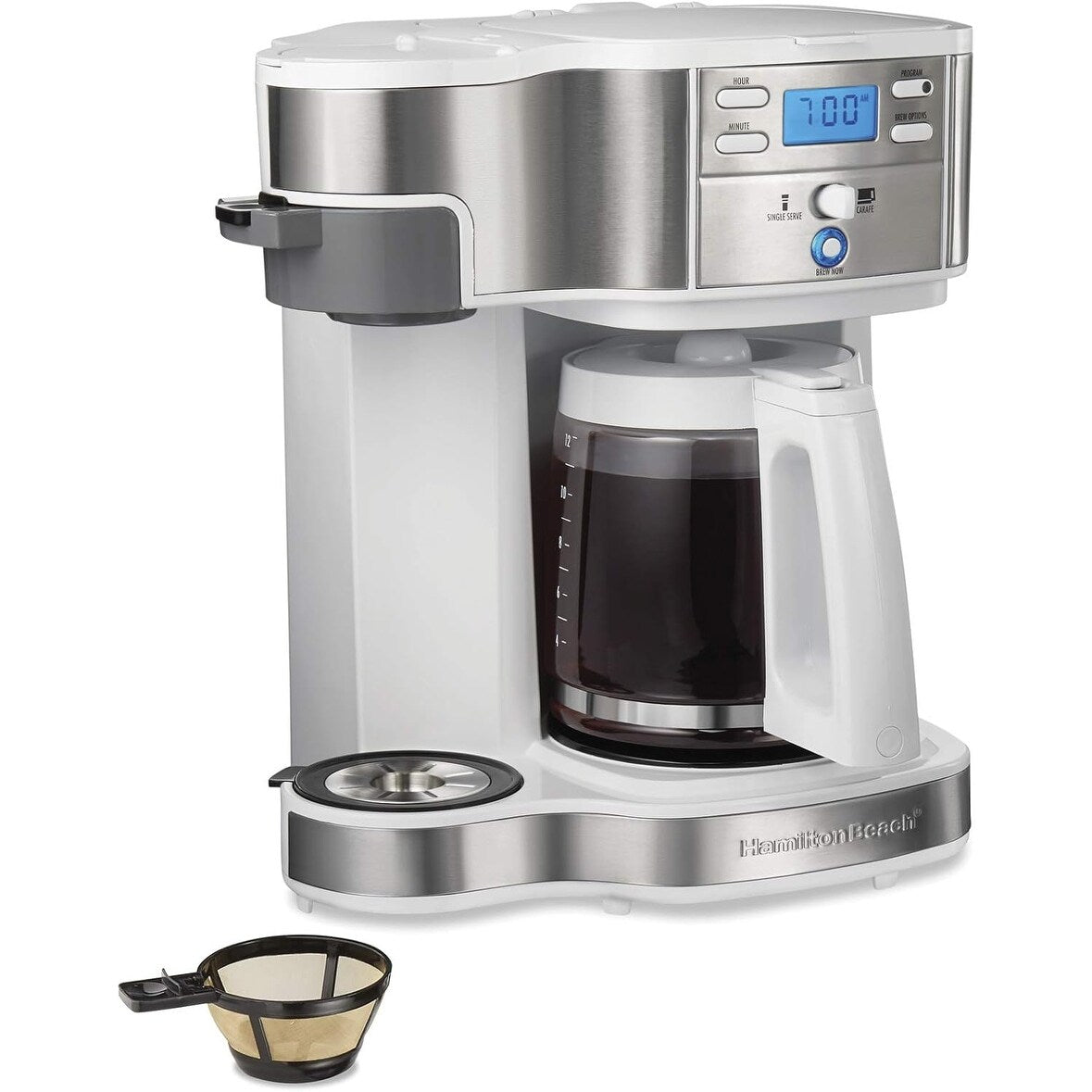 Macchina per caffè a 2 vie da 12 tazze e monodose, caraffa in vetro, pausa e versamento automatici, bianca