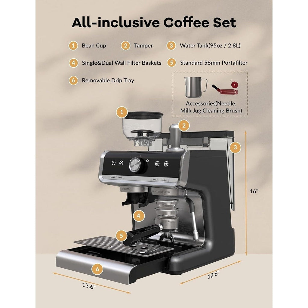 Macchina per caffè espresso semiautomatica da 20 bar con macinacaffè e montalatte