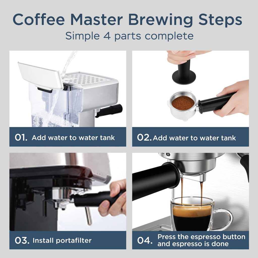 Macchina per caffè espresso semiautomatica in acciaio inossidabile argentato da 20 tazze con serbatoio dell'acqua da 0,5 galloni