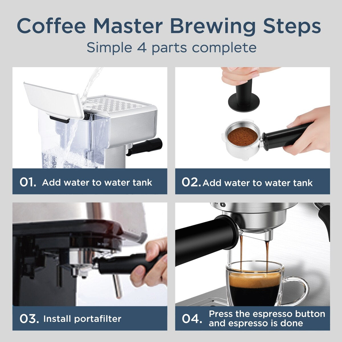 Macchina per caffè espresso semiautomatica in acciaio inossidabile argentato da 20 tazze con serbatoio dell'acqua da 0,5 galloni
